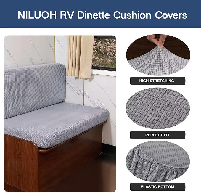 NILUOH RV Dinette Cushion Covers,Jacquard Camper Cushion Slipcovers Replacement Sofa Cushions Washable Loveseat Slipcovers for Travel Trailer Couch (2 Bench Cover & 2 Backrest Cover, Light Gray) - Image 2