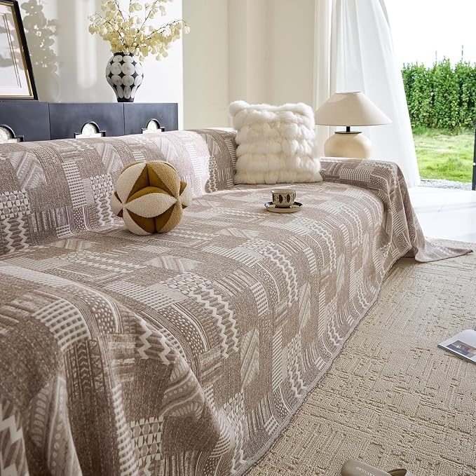 DREAMINGO Vintage Patchwork 3-Layer Gauze Geometric Jacquard Sofa Cover, Farmhouse Couch Cover Blanket for 3 Seater, Living Room Washable Furniture Protector, Light Mocha, 91"x134" - Image 2