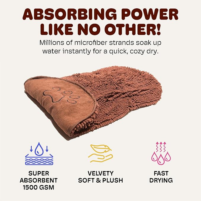 Dog Gone Smart The Dirty Dog Shammy - 2-Pack, Antimicrobial Microfiber Dog Towel for Odor Control, Fast-Drying Plush, Dual Hand Pockets & Super Absorbent, Machine Washable - 31 x 13 in, Brown - Image 3