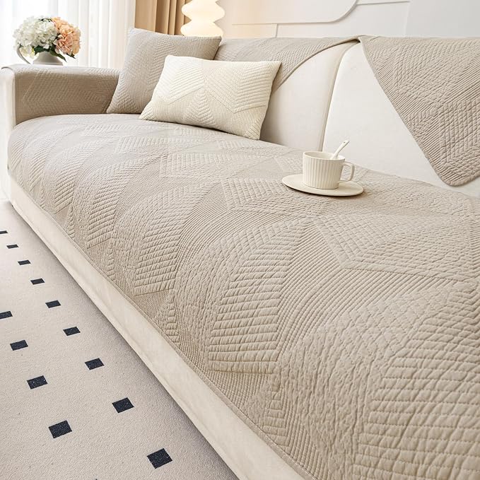 vctops Cotton Quilted Couch Covers for Sectional Sofa (Khaki,43"x43") | Geometric Washable Non Slip Sofa Slipcover for Dogs, Children, Pets Furniture Protector Cover - Image 7