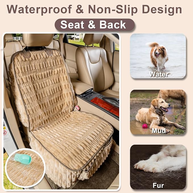 Dog Car Seat Cover Front Seat, Soft Plush Waterproof Protector,Tan | Non-Slip Backing, Side Flaps, Full Coverage, Hair, Dirt & Scratch Defense, Machine Washable, Fits Cars, SUVs & Trucks - Image 3