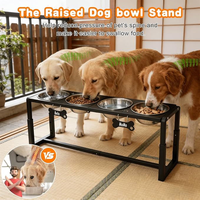 Metal Elevated Dog Bowls for Medium/Large Breed, 3 Adjustable Height(8.8"/11.5"/14") Raised Dog Bowls Stand with Four 58oz Stainless Steel Bowls, for Neck & Joint Protection - Image 2