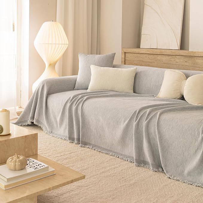 Gray Boho Couch Covers for Sofa Washable for 3 Cushion Couch,71''X134'' | Chenille Furniture Protector Sofa Couch Cover for Dogs, Soft Breathable Sofa Slipcover, Couch Throw Blankets with Tassels - Image 6