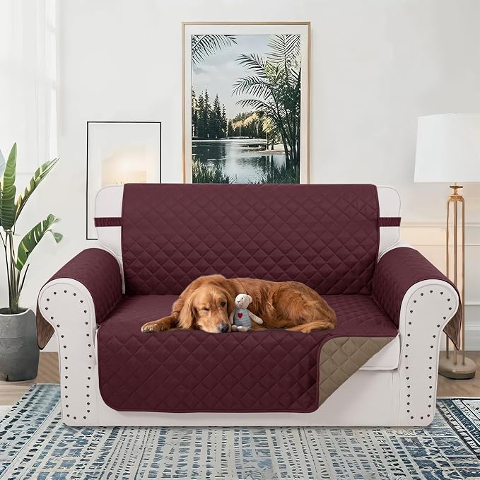 Reversible Loveseat Couch Sofa Covers, 2-Seater, Burgundy | Loveseat Covers for Dogs Water Repellent, Friendly Furniture Protector with Elastic Straps for Living Room - Image 2