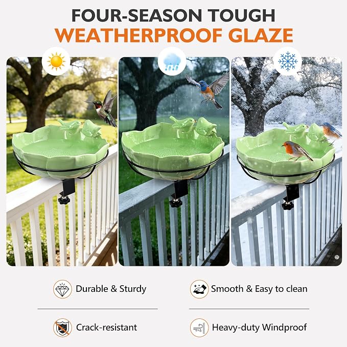 Glazed Ceramic Bird Bath for Deck Railing, 11 Inch Outdoor Bird Feeder Bowl with Adjustable Clamp, Easy Install Balcony/Patio Birdbath for Outside Garden Backyard Decoration, Green - Image 6