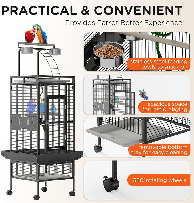 Garveehome 60 Inch Wrought Iron Large Bird Cage with Play Top, Stand | Rolling Metal Black Parrot Cage with 4 Stainless Steel Bowls for African Grey Cockatiel Sun Parakeet Conure Lovebird Budgie - Image 3