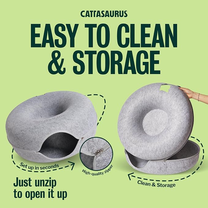 Cattasaurus Peekaboo Cat Cave Donut for Multiple & Large Cats up to 30-45 lbs, 3-in-1 Self Warming Cat Bed, Tunnel & Scratcher for Indoor Cats, Washable & Detachable Small Dog Bed (Light Gray, Large) - Image 7