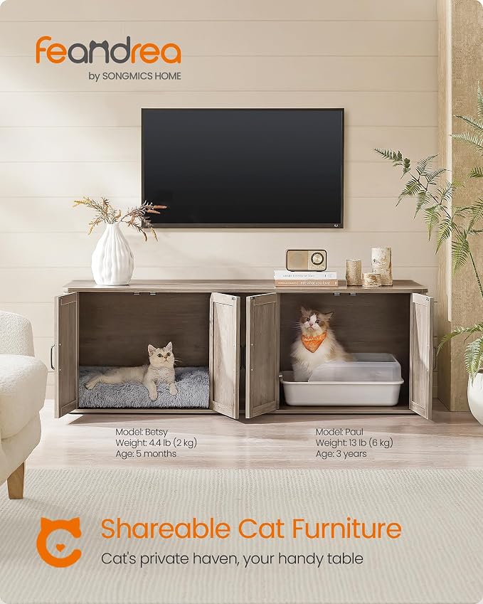 Feandrea Double Cat Litter Box Enclosure, Modern Litter Box Furniture Hidden for 2 Cats, Front Entry, Cat House, Side End Table, TV Stand, 59 x 19 x 19.5 Inches, Heather Griege UPCL010G01 - Image 2