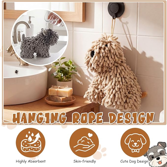 Tegeme 2 Pcs Chenille Dog Hand Towel Fuzzy Towel Absorbent Microfiber Soft for Bathroom Kitchen Washstand (Khaki Grey,Siting and Standing Dog) - Image 4