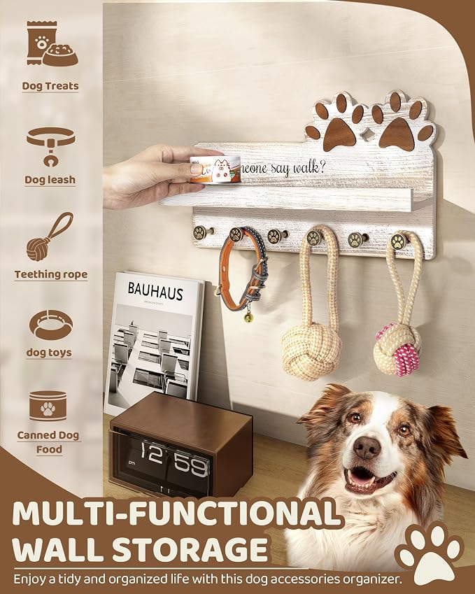 MTERSN Farmhouse Dog Leash Holder for Wall - Dog Stuff Organizer and Key Holder Wall Mount with a Floating Shelf & 6 Hooks for Home Decor - Perfect Gifts for Dogs Lovers (White) - Image 4