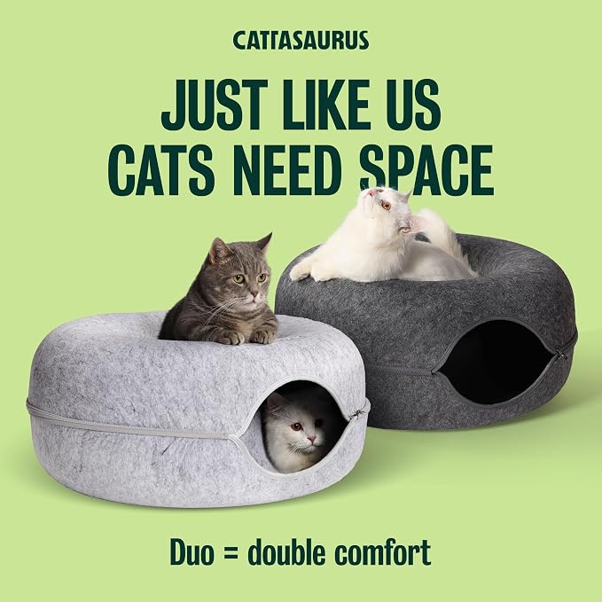 Cattasaurus Peekaboo Cat Cave Donut for Multiple & Large Cats up to 30-45 lbs, 3-in-1 Self Warming Cat Bed, Tunnel & Scratcher for Indoor Cats, Washable & Detachable (Light Gray + Dark Gray, Large) - Image 5