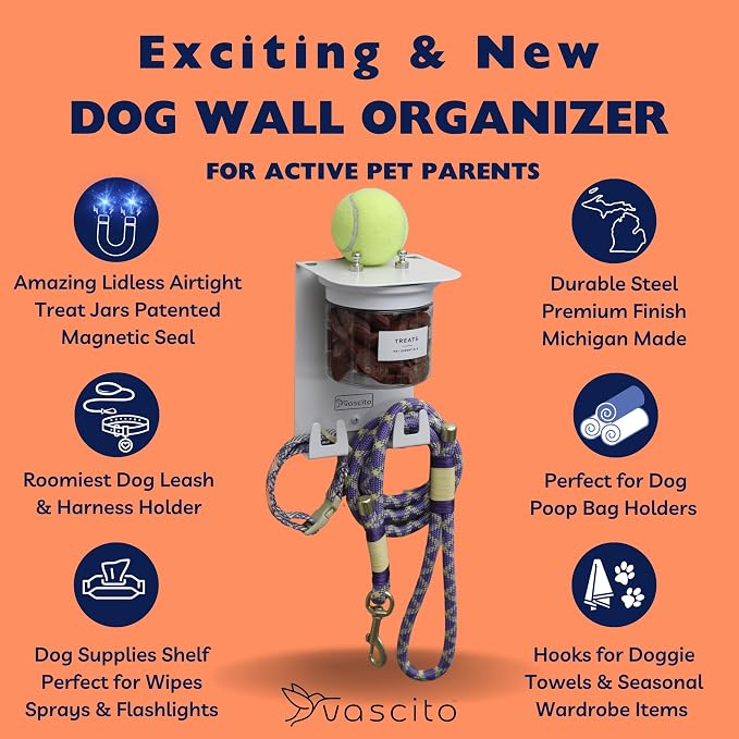 Dog Leash Holder for Wall with Shelf — Wall Mounted Dog Treat Holder & Station, 1 Airtight 16oz Treat Container, 6 Hooks, Patented Lidless Slide-to-Seal Jar, Solid Steel, Made in USA, White - Image 7