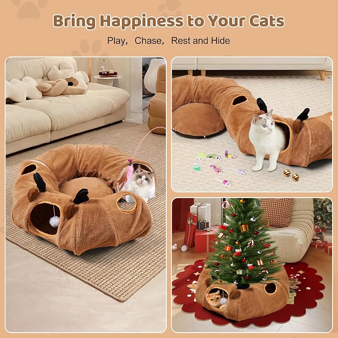 Cat Tunnel Bed with 20 Pcs Interactive Toys, 3-in-1 DIY Collapsible Plush Cat Tube with Washable Mat, Large Indoor Play Tunnel Cave for Kittens and Small Animals - Image 7