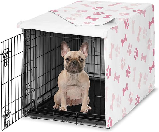 Sweet Jojo Designs 30in. Small/Medium Dog Crate Cover (Bones and Paw Prints) for Girls Pet Cage, Kennel Covers (Modern, Cartoon, Doggy, Puppy, Neutral, Paws Print, Whimsical, Pastel, Pink & White) by SweetJojoDesigns