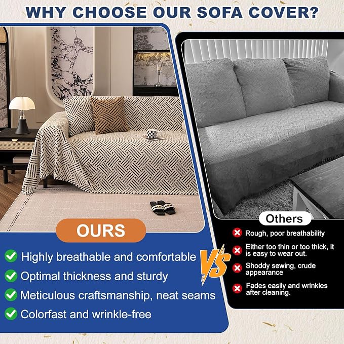 ROOMLIFE Striped Boho Black Couch Cover for 2-3 Cushion Sofa, Fuzzy Plush Warm Sofa Slipcovers Sectional Sofas Covers, Non Slip Washable Furniture Protector Soft with Tassel,Winter 71''X150” - Image 3