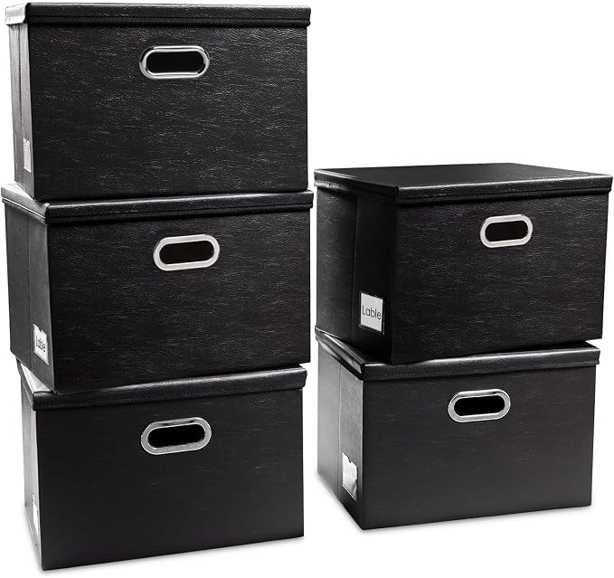 PRANDOM Large Stackable Storage Boxes with Lids [5-Pack] Leather Fabric Foldable Storage Bins Organizer Containers Baskets Cubes with Cover for Bedroom Closet Office Nursery Black(17.7x11.8x11.8) by Prandom