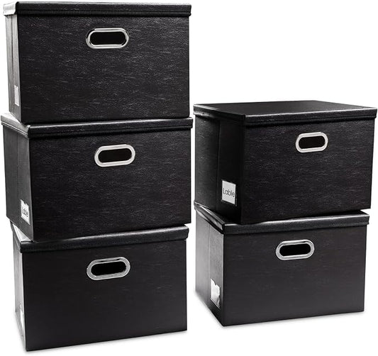 PRANDOM Large Stackable Storage Boxes with Lids [5-Pack] Leather Fabric Foldable Storage Bins Organizer Containers Baskets Cubes with Cover for Bedroom Closet Office Nursery Black(17.7x11.8x11.8) by Prandom