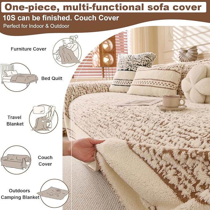 ROOMLIFE Thicked Striped Boho Khaki Couch Cover for 2-3 Cushion Sofa, Fuzzy Plush Warm Sofa Slipcovers Sectional Sofas Covers, Non Slip Washable Furniture Protector Soft with Tassel,Winter 71''X150” - Image 6