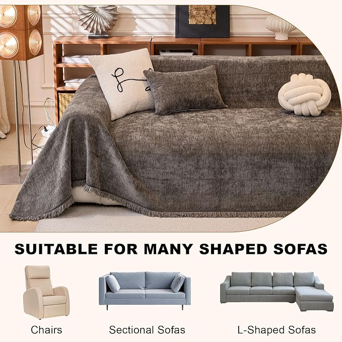 Solid Chenille Couch Cover for Dog Dark Grey Throw Style Sofa Cover | Non Slip Washable Sofa Slipcover for L-Shaped Sofa, 3-4 Cushion Couch, Lounge Chaise, Bottom Tassels, XX-Large, 71"x150" - Image 3