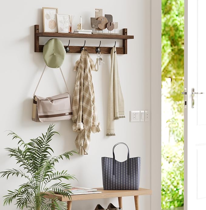AMBIRD 28.9 Inch Length Shelf with Hooks Entryway Coat Rack Wall Mount Wood Coat Hooks with Shelf Wall-Mounted Coat Hook Rack with 5 Dual Hooks for Bathroom, Living Room, Bedroom (Brown) - Image 3