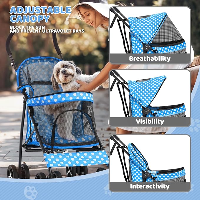 Magshion Compact Pet Stroller for Small-Medium Dogs/Cats up to 22lbs, 4-Wheel Lightweight Umbrella Shaped Portable Puppy Travel Jogger with Breathable Mesh & Rear Storage, Sky Blue Polka Dots