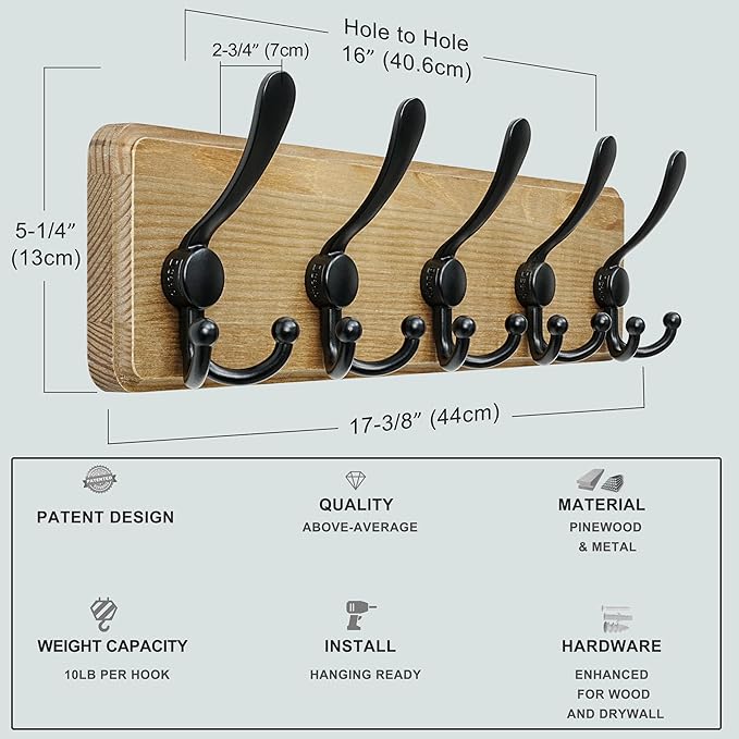 Dseap Coat Rack Wall Mount - Heavy-Duty Robust Barnwood-Style Wooden Wall Coat Hanger Hook Rail with 5 Triple Hooks for Winter Coats Hat Jacket Clothing, Weathered Brown & Black - Image 5