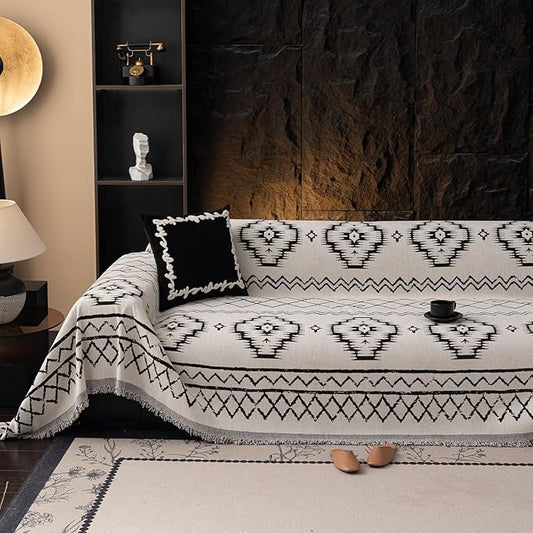 VClife Boho Aztec Couch Cover Retro Couch Cover for 3 Cushion Couch Sofa, Western White Slipcover Cover with Black Tribal Pattern, Soft Thick Chenille Furniture Sofa Covers wit Tassel, White, 71"X134" by VCLIFE