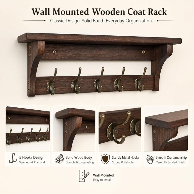 Wall Mounted Coat Rack with Shelf, Solid Wood & Metal Hooks – 23.2 Inch Entryway Organizer with 5 Hooks for Hanging Coats, Hats, Bags, Keys, Rustic Brown for Hallway, Bedroom, Bathroom（23.2 Inch） - Image 3