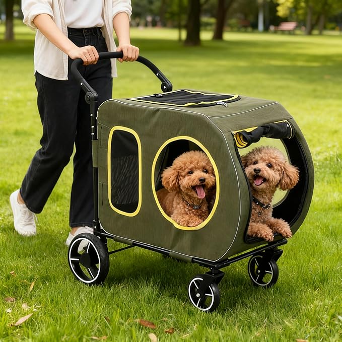 2025 Upgraded Dog Stroller for Large & Medium Dogs，Pet Stroller for 2 Small Dogs, Foldable Jogger Wagon with Detachable Carrier for Car Seat, Adjustable Handle, Up to 90 lbs, Green