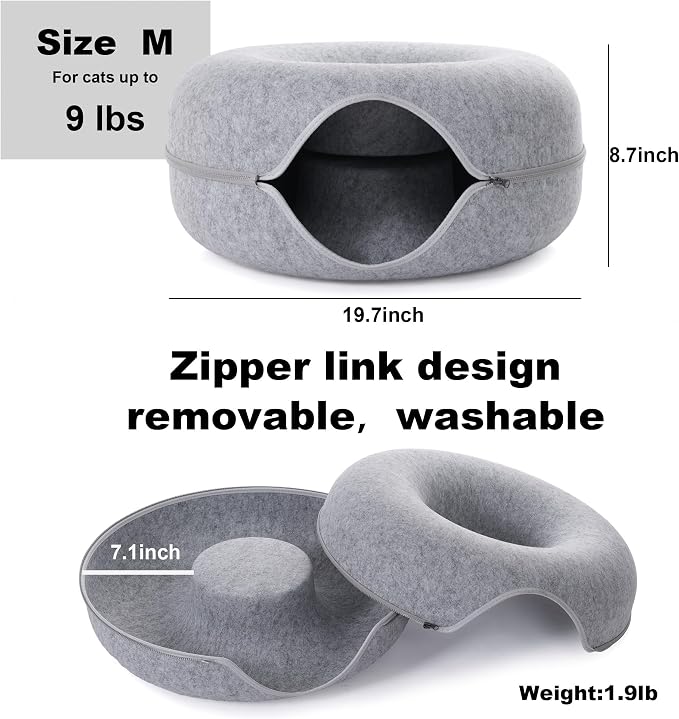 Cat Tunnel Bed for Indoor Cats with 3 Toys, Scratch Resistant Donut Cat Bed, Up to 9 Lbs (M 20x20x9, Light Grey) - Image 2