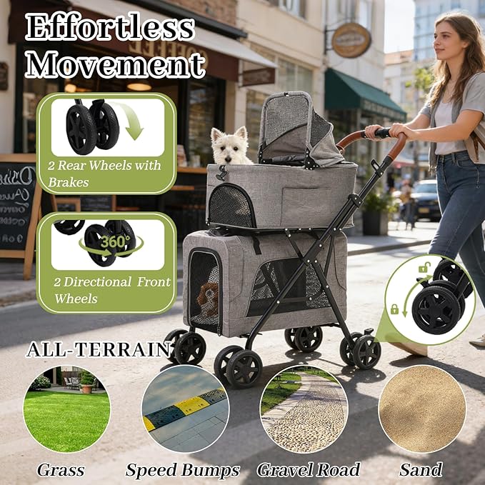 Double Pet Stroller with Detachable Carriers, Dog Stroller for Medium Dogs 20 lb, Foldable Dog Stroller for 2 Dogs,Easy Assembly Cat Stroller for 2 Cats with Cup Holder and Storage Bag for All-Terrain