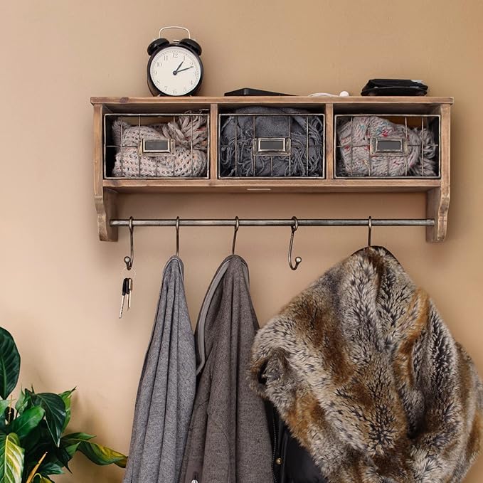 HBCY Creations Wall Mounted Shelf with Coat Hooks and Baskets, Solid Wood Entryway Organizer Wall Shelf with Hooks - Hang Coats, Keys or Coffee Mugs, Rustic Brown 24" Wide - Image 6