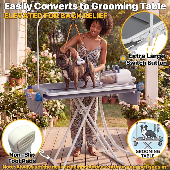 PAWZIDEA 2-in-1 Dog Bath Tub & Grooming Table 33" for Small to Medium Dogs | 5 Height Adjustable Elevated Pet Bathtub & Foldable Washing Station for Dogs Cats up to 40lbs, Storage Pocket, Indoor Outdoor - Image 4
