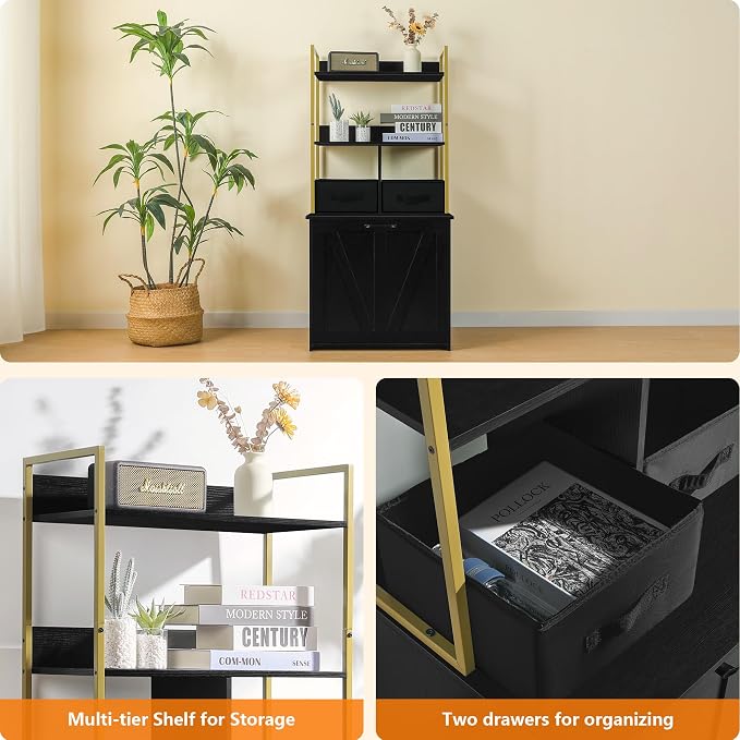 Dwanton Litter Box Enclosure with 2 Storage Shelves and 2 Drawers, 2-in-1 Hidden Cat Litter Box Enclosure Furniture with Shelf, Reversible Entrance, Washable Drawers, 50-Inch, Black+Gold - Image 9