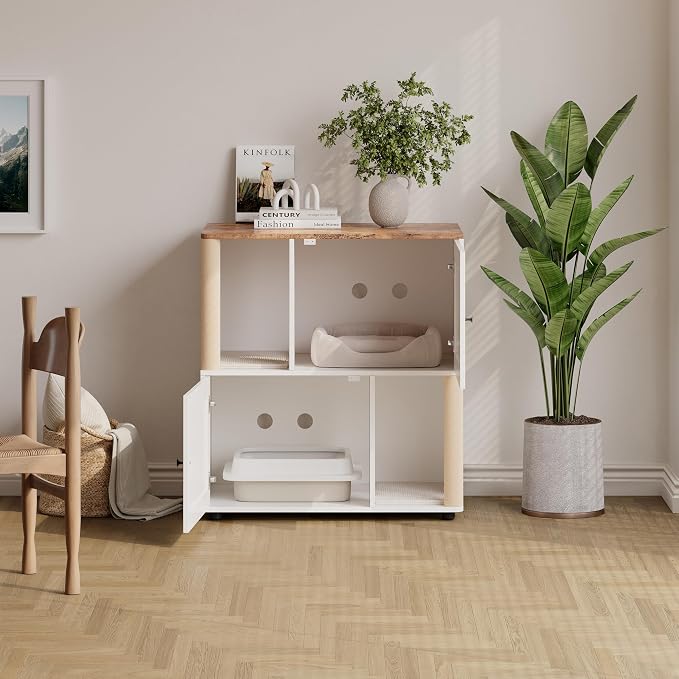 Garvee Double Layer Cat Litter Box Furniture, 2 in 1 Hidden Litter Box Furniture with Scratching Post and Litter Mats, Wooden Corner Cabinet Cat Washroom Bed - Image 2