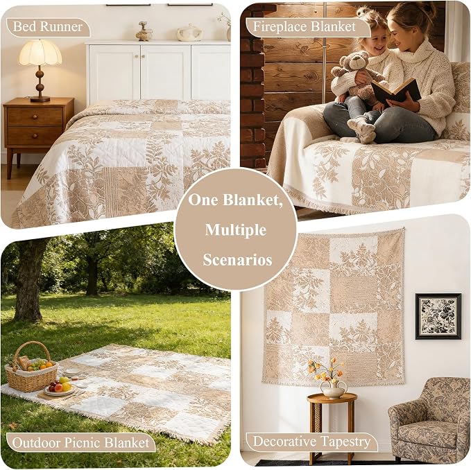 STACYPIK Botanical Floral Couch Cover for Pets Textured Beige Cream Patchwork Sofa Cover for 2 Cushion Couch with Tassels Dogs Couch Cover for Sectional Love Seat Protector for Living Room-71X118IN - Image 7