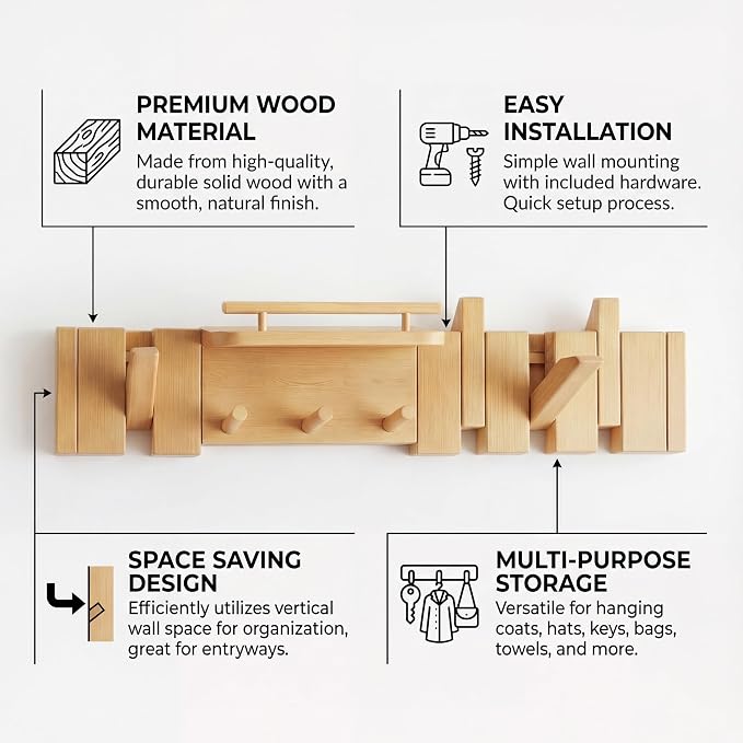 Mid Century Modern Wood Coat Rack Wall Mount with Shelf, 7 Hooks, Natural | Wood and metal wall rack with fold-down piano-key hooks and display shelf organizes coats, bags, keys and decor up to 25 lb. - Image 8