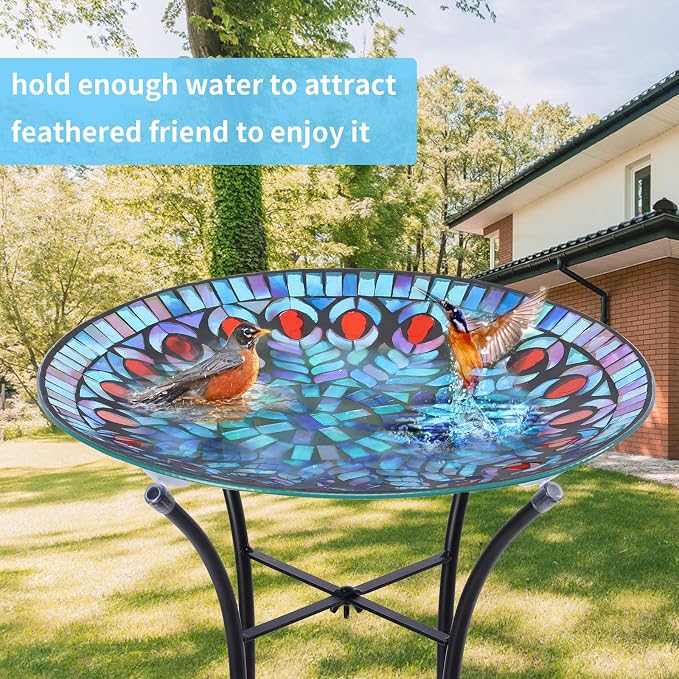 MUMTOP Mosaic Glass Bird Baths with Metal Stand for Garden Decor, Peacock | 14 Inch Width 19.68 Inch Height Outdoor Garden Peacock Bird Bath Bowl, Unique Glass Birdbaths Bird Feeder for Yard Decor - Image 5