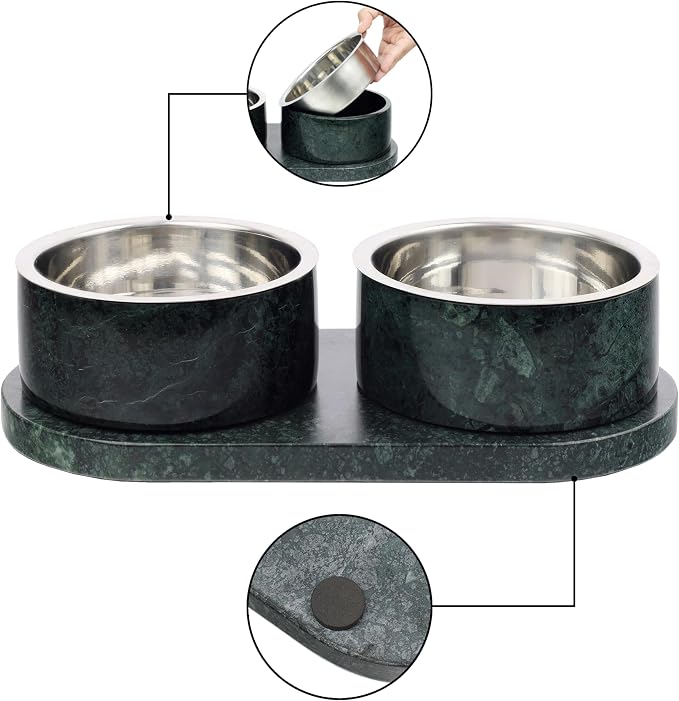 DBL1000A Marbre Small/Medium Modern Weighted Double Marble and Stainless Steel Bowl 12oz (1.5 Cups) Feeder with Non-Slip Marble Tray Set, Green - Image 3