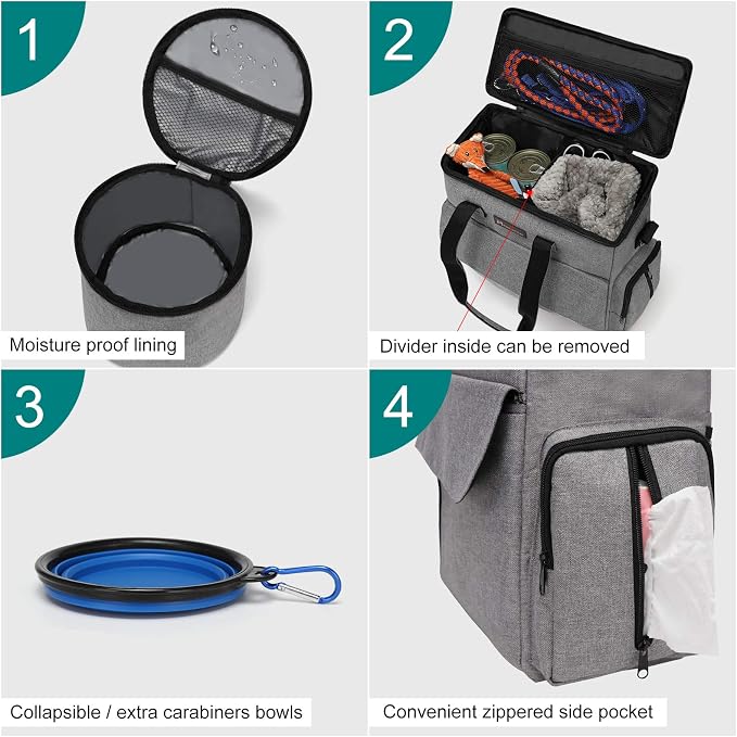 Modoker Weekend Dog Travel Bag Set with 2 Food Bags, 2 Bowls and Mat, Grey | Dog Travel Accessories Organizer for Camping and Road Trips with Roomy Storage, Multiple Pockets and Water-Resistant Oxford - Image 3