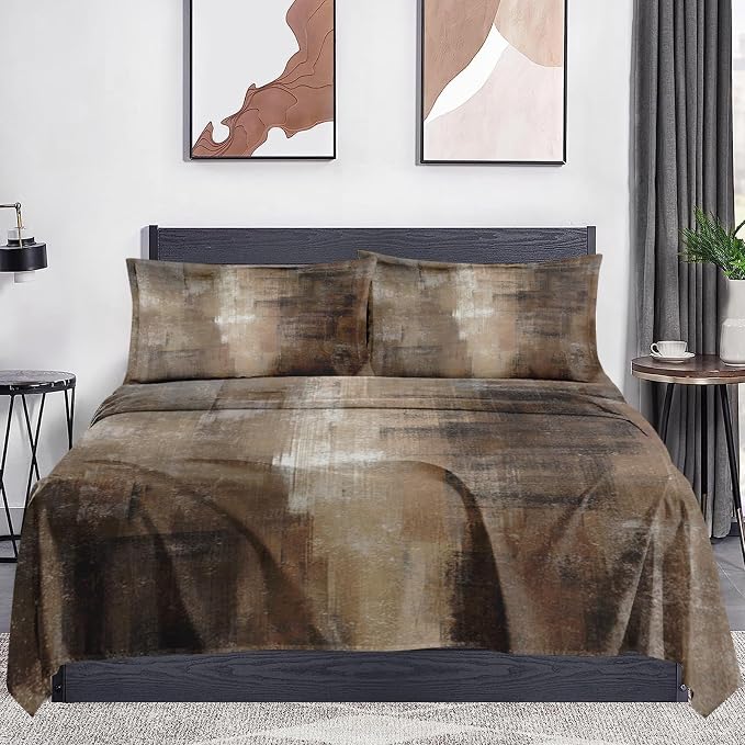 WeCozy Full Size Bed Sheet Sets with Pillowcases, Brown Grey Painting 4 Pcs Soft Microfiber Bedding for Kids and Adults, Beige Contemporary Flat, Fitted Sheet for Bedroom Bed Decor - Image 2