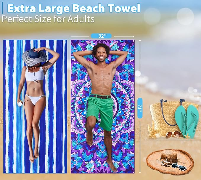 Microfiber Beach Towel Oversized 71x32 Multiple with Bag 4 Pack Bulk | Thin Lightweight Sand Free Absorbent Quick Dry Large for Travel Pool Swim Bath Cruise Sports Camping Essentials Adults Gifts - Image 7