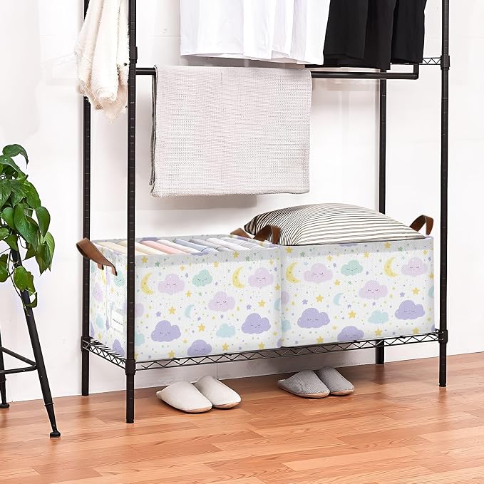 Cute Clouds Moon and Stars Purple Baby Storage Basket with Labels&Handles Rectangular Waterproof Nursery Storage Bins Collapsible Shelf Organizer Baskets for Kids Books Cloth Gift Toys Laundry - Image 3