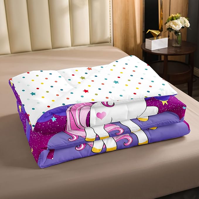 Erosebridal Girls Unicorn Comforter Set Twin Girls Bedding Set Cute Rainbow Unicorn Print Down Comforter Kids Cartoon Kawaii Duvet Insert Galaxy Stars Fantasy Room Decor Children Reversible Purple - Image 4