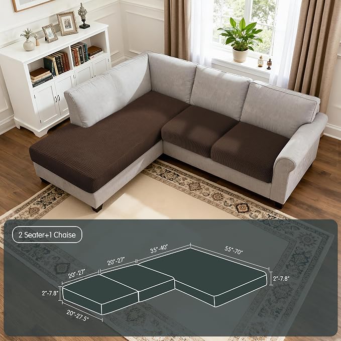 Hokway Chaise Cover and Couch Cushion Covers Set, Separate Sectional Sofa Cushion Slipcovers, Reversible Cushion Protector for L-Shaped Sofa(2 Pieces for Seater & 1 Piece for Chaise, Chocolate) - Image 2