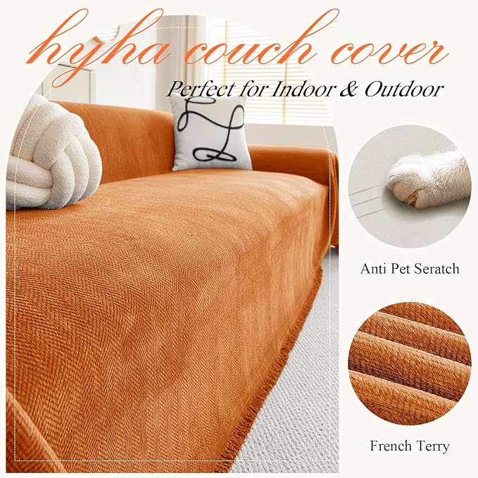 hyha Couch Cover for Dogs, Boho Chenille Sofa Cover for 3 Cushion Couch | Anti-Scratch Washable Sofa Slipcover, Loveseat Sectional Couch Throw Blankets with Tassels (Orange, 88.5x150 Inch) - Image 4
