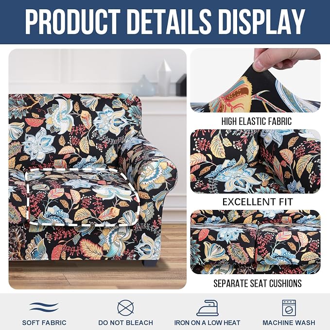 hyha Stretch Couch Covers, Sofa Cover for 3 Cushion Couch Pet Friendly | Floral Pattern, Printed, 4 Pieces, 3 Separate Cushion Sofa, Durable Anti-slip Washable Protector with Elastic Bottom for Dogs - Image 4