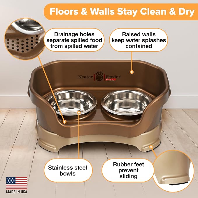 Neater Pet Brands Neater Feeder Deluxe Mess Proof Cat Bowls Elevated, Made in USA, No Spill Raised Bowls for Indoor Cats, Stainless Steel Food and Water Bowl Set, Pet Dish Feeding Station, Bronze - Image 4