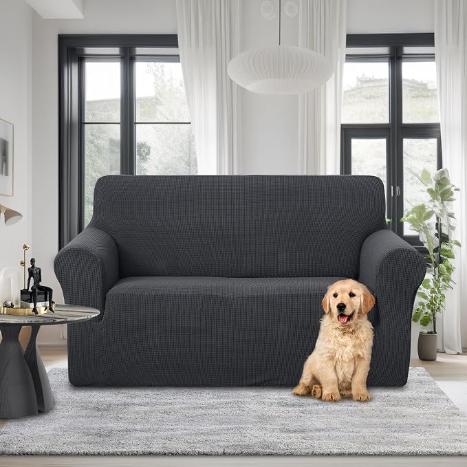 U-NICE HOME Loveseat Cover Stretch Couch Cover Sofa Slipcover, Dark Grey | 2 Cushion Sofa, 1-Piece Sofa cover, Washable, Pet friendly, Furniture protector, Polyester Spandex Jacquard fabric - Image 2