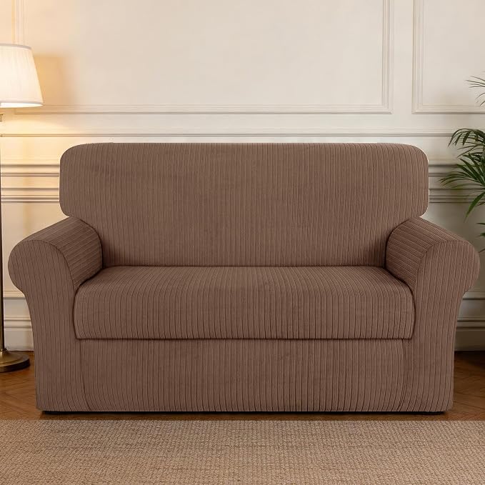 Loveseat Cover Stretching Skid Resistance Couch Cover for Pets Washable, Thick and Durable Soft High Spandex Striped Pattern Sofa Covers, Form Fitted Love Seat Slipcover(Loveseat, Brown) - Image 7